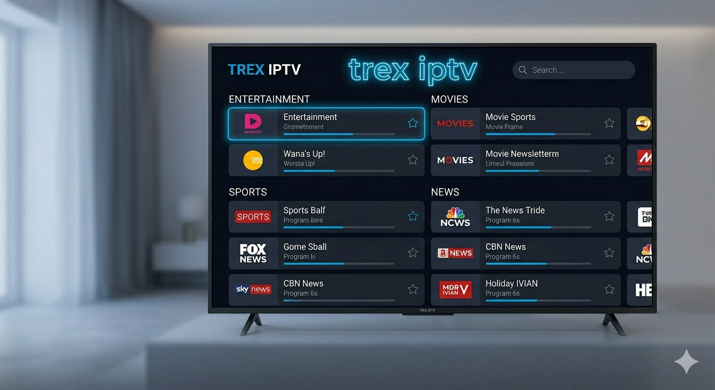 Trex IPTV channel guide showing 50000 live TV channels in HD on Smart TV